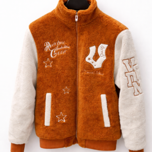 Cozy varsity-style sherpa jacket